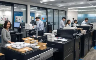 Office team handling statement printing and mailing services with high-volume printers