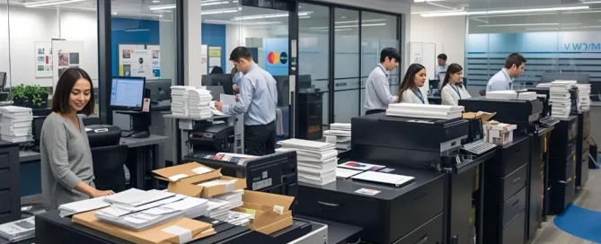 Office team handling statement printing and mailing services with high-volume printers