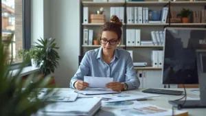Woman reviewing documents at a modern office desk with charts and organized shelves.