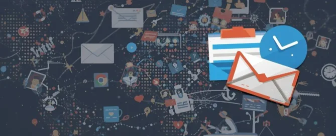 Direct Mail Marketing of mail icons, envelopes, charts, and workflow connections.