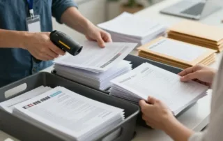 Workers reviewing documents in a warehouse with shelves full of boxes.