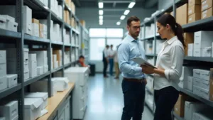 Employees scanning and organizing documents for mailing and processing.