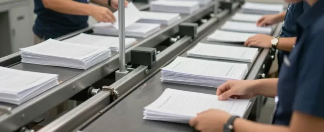 Employees sorting documents at a print mail service provider company facility
