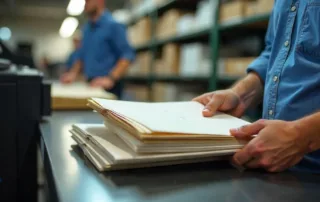 Staff organizing mail folders inside a professional print mail company workspace
