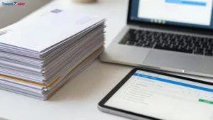 How Companies Use Bulk Print and Mail for Customer Outreach Bulk print and mail workspace with stacked letters, laptop, and tablet