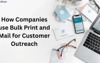 Bulk print and mail materials with laptop and mobile for customer outreach