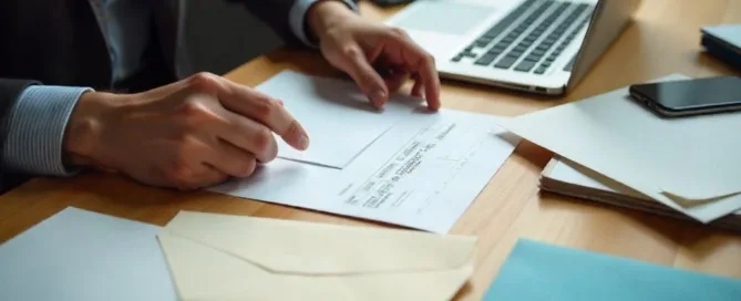 Business professional reviewing direct mail documents beside laptop and envelopes
