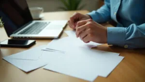 Hands preparing direct mail letters on desk with laptop and mobile phone