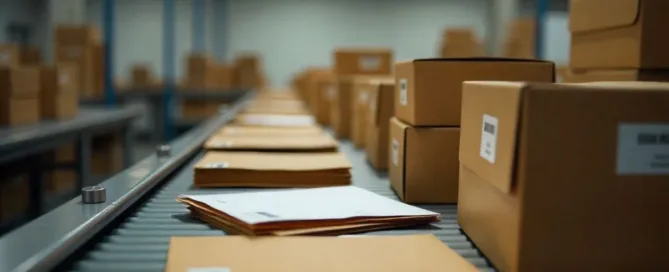 Business mail and packages moving through an organized fulfillment conveyor system
