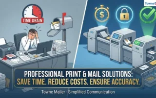 Professional Print Mail Company workflow showing automated envelope processing and mailing